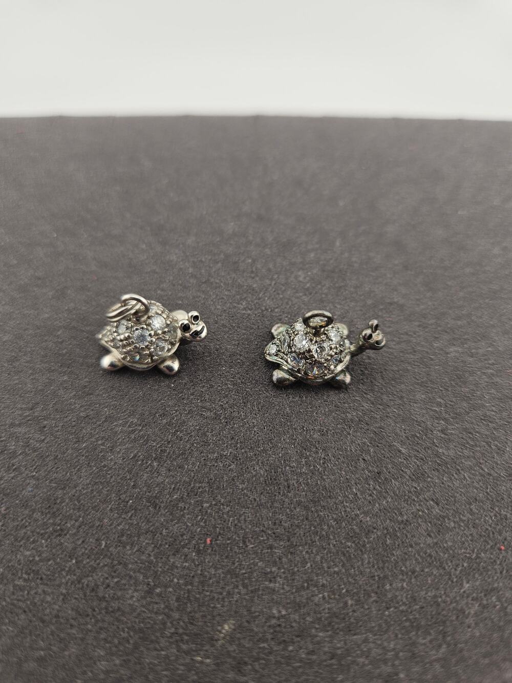 925 China Marked Pair Of Turtle Charms Small Rhinestone Crystal Accent Pendants